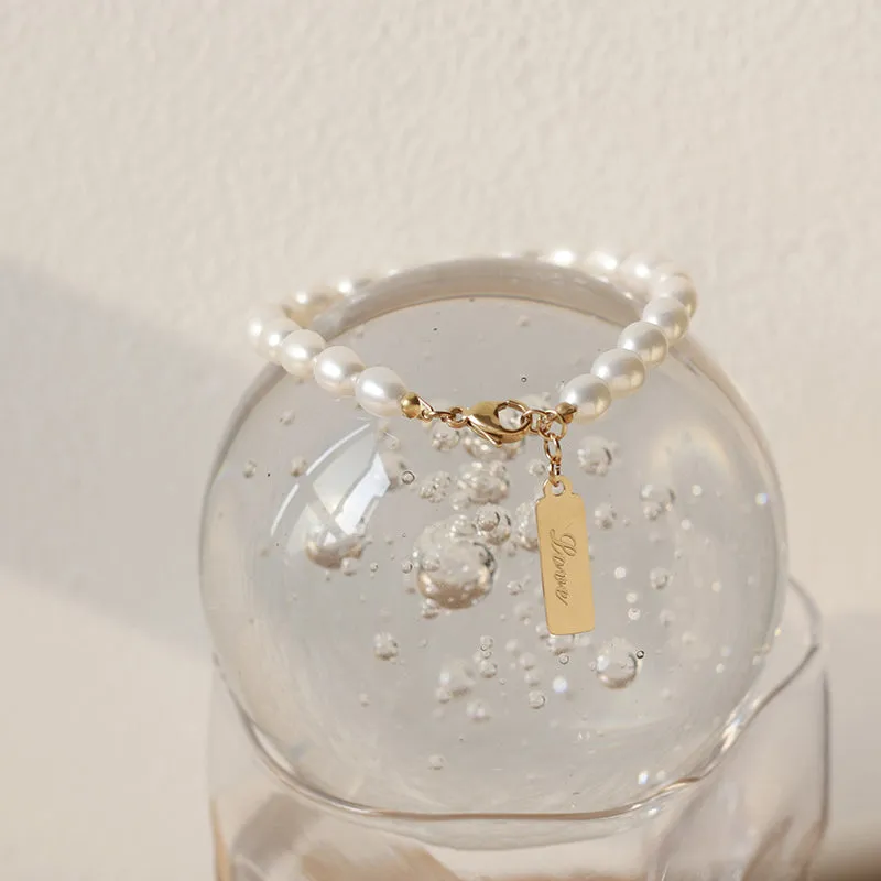 Pearl Chain with 18K Gold Plated Love Stainless Steel Pendant Bracelet for Women