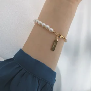 Pearl Chain with 18K Gold Plated Love Stainless Steel Pendant Bracelet for Women