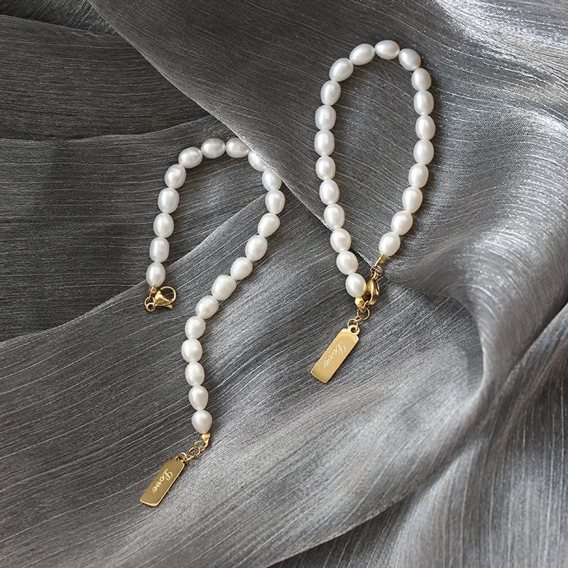 Pearl Chain with 18K Gold Plated Love Stainless Steel Pendant Bracelet for Women