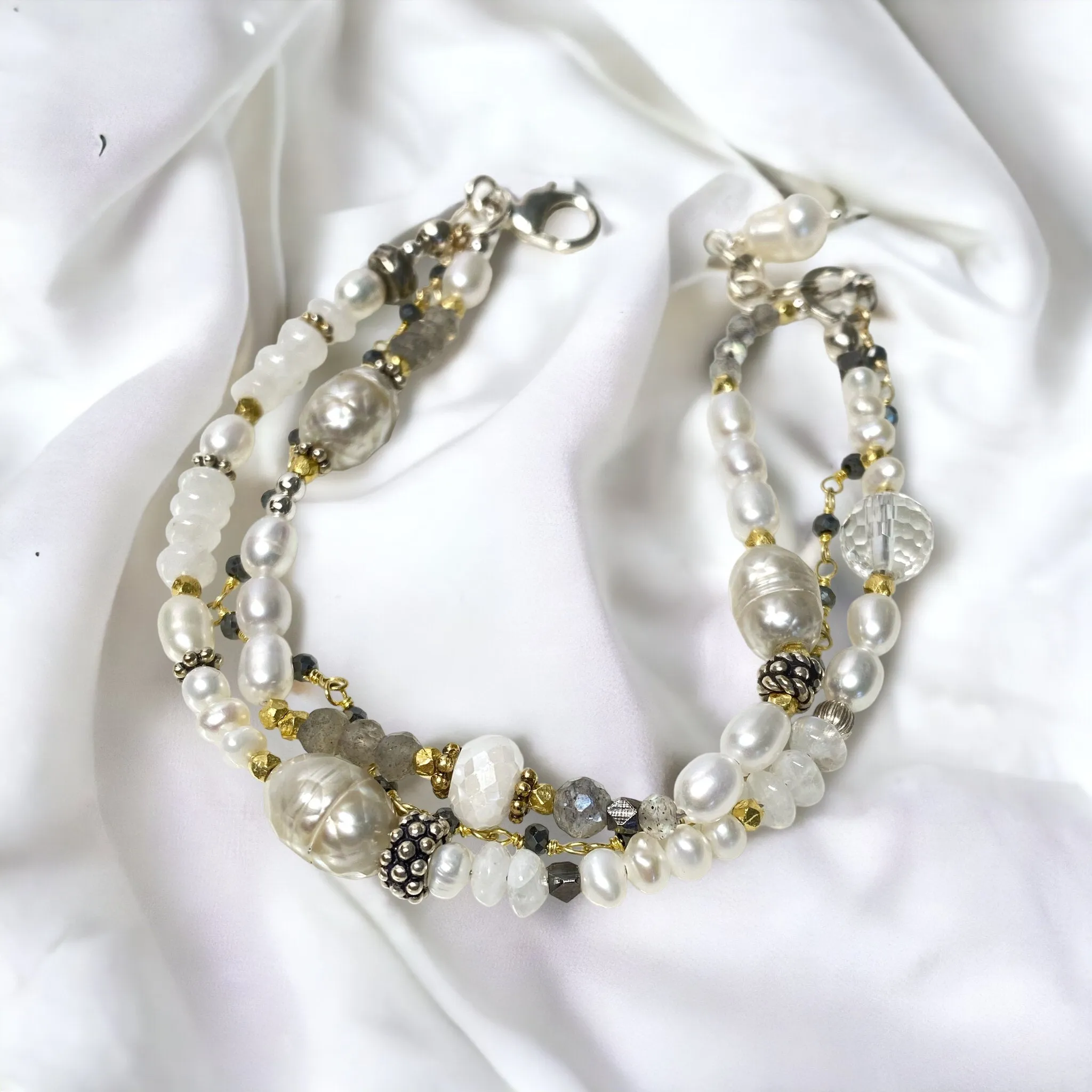 Pearl Triple Strand Dainty Bracelet Mixed Metal