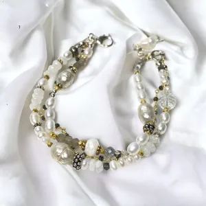 Pearl Triple Strand Dainty Bracelet Mixed Metal