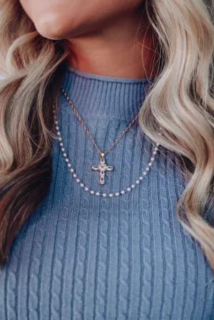 Pearls And Cross Pendant Layered Necklace - Gold