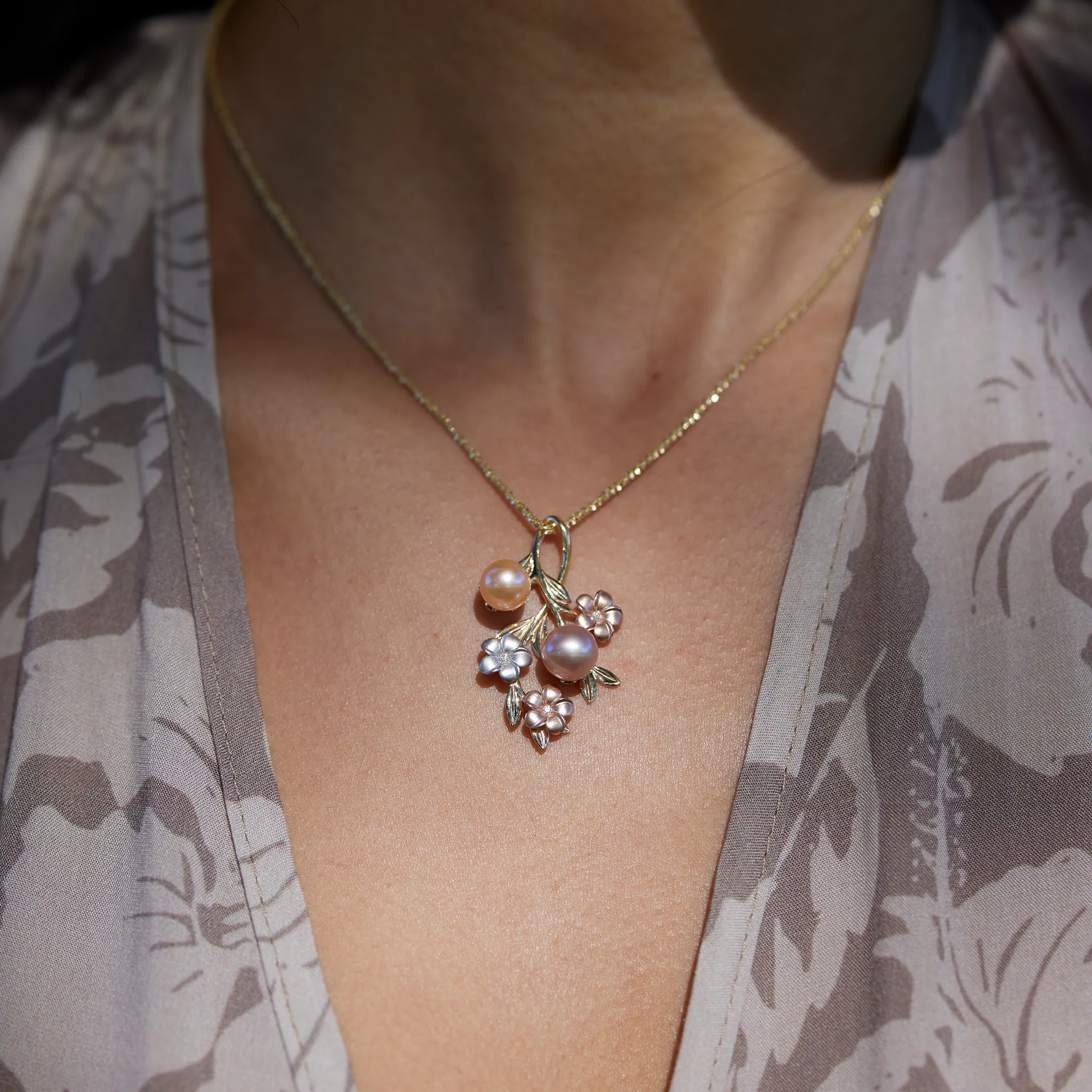 Pearls in Bloom Plumeria Freshwater Pearl Pendant in Tri Color Gold with Diamonds - 36mm