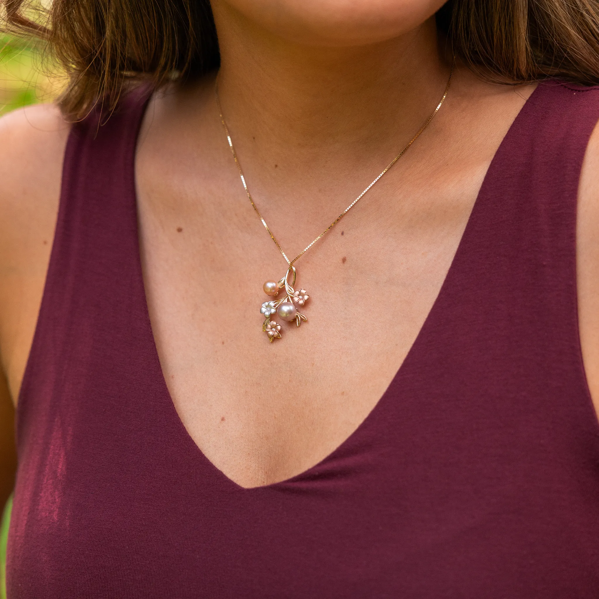 Pearls in Bloom Plumeria Freshwater Pearl Pendant in Tri Color Gold with Diamonds - 36mm