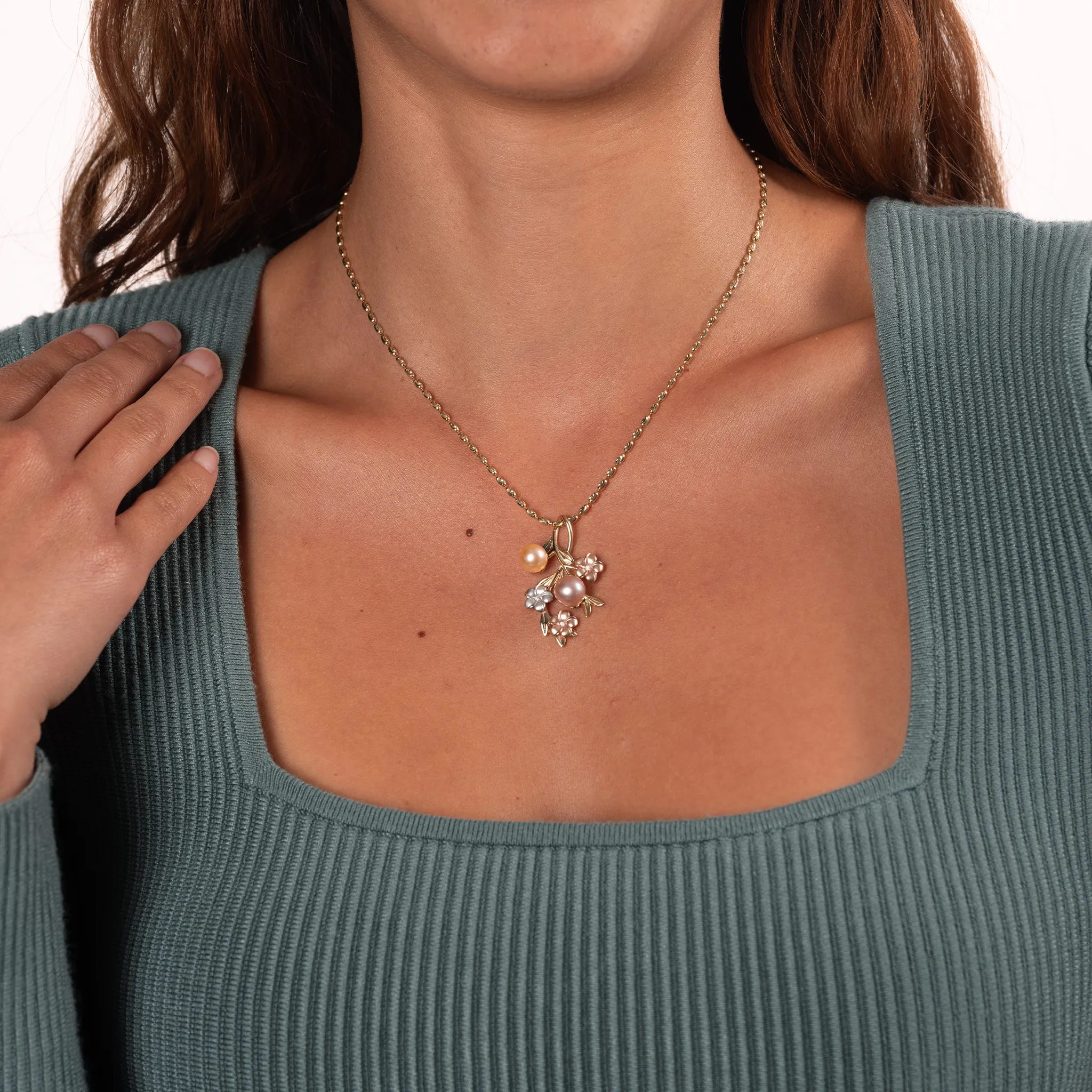 Pearls in Bloom Plumeria Freshwater Pearl Pendant in Tri Color Gold with Diamonds - 36mm