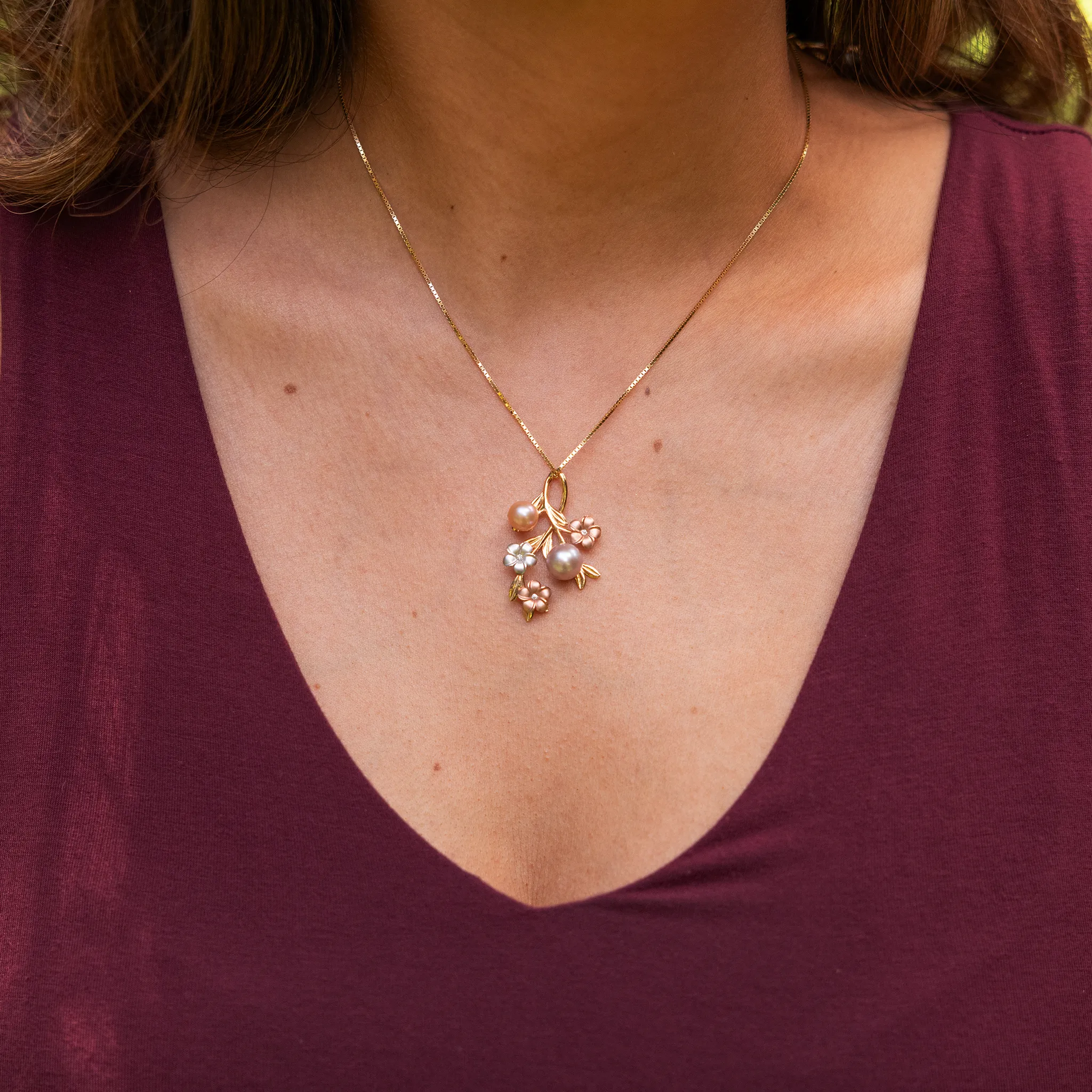 Pearls in Bloom Plumeria Freshwater Pearl Pendant in Tri Color Gold with Diamonds - 36mm