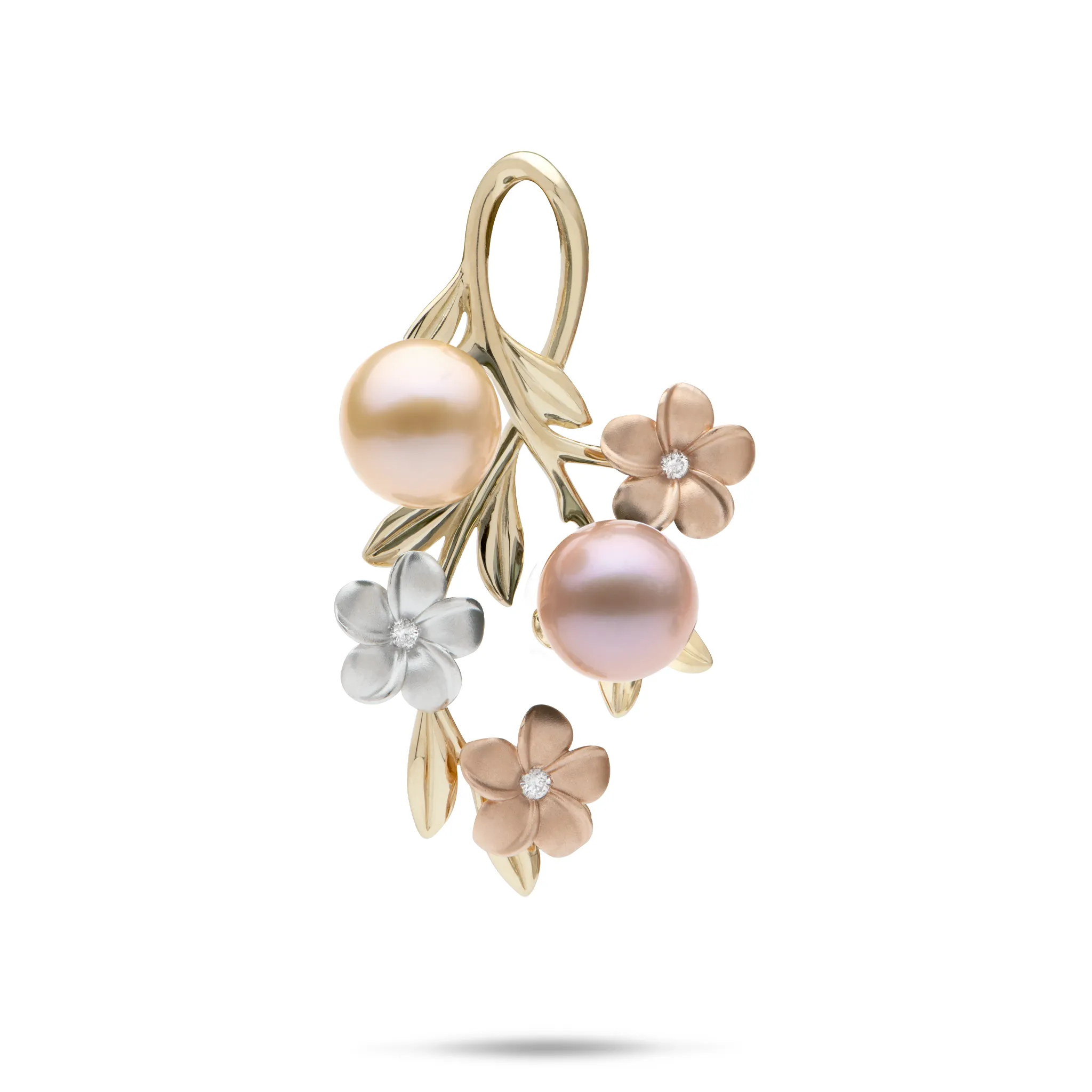 Pearls in Bloom Plumeria Freshwater Pearl Pendant in Tri Color Gold with Diamonds - 36mm