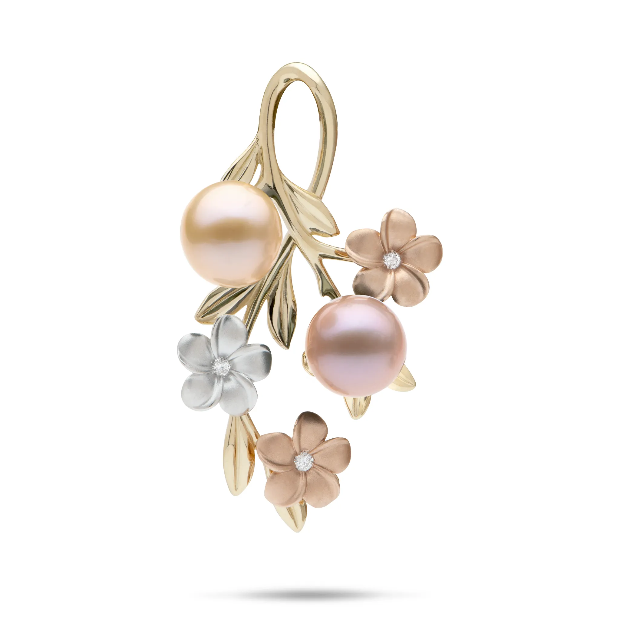 Pearls in Bloom Plumeria Freshwater Pearl Pendant in Tri Color Gold with Diamonds - 40mm