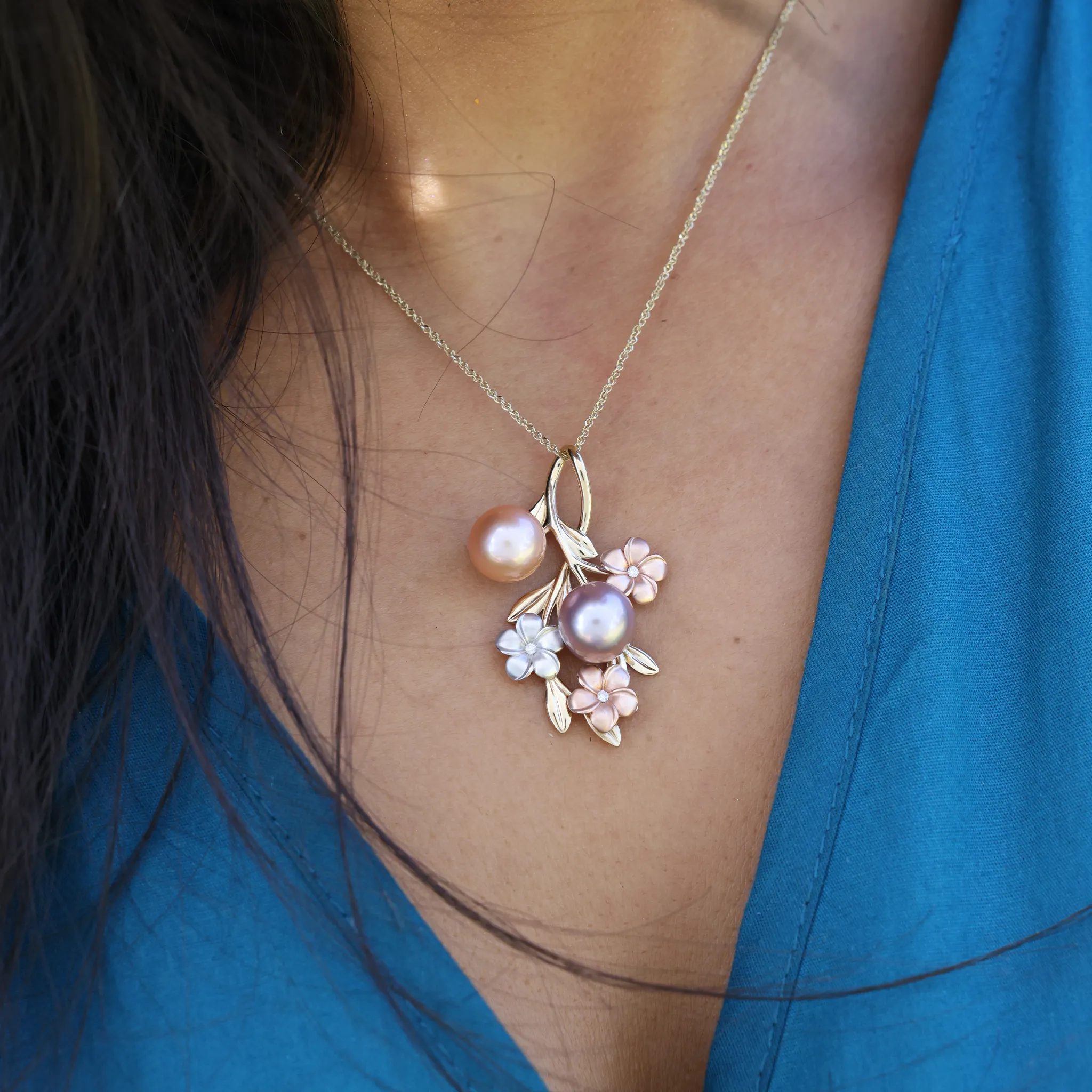 Pearls in Bloom Plumeria Freshwater Pearl Pendant in Tri Color Gold with Diamonds - 40mm