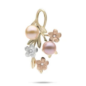 Pearls in Bloom Plumeria Freshwater Pearl Pendant in Tri Color Gold with Diamonds - 40mm