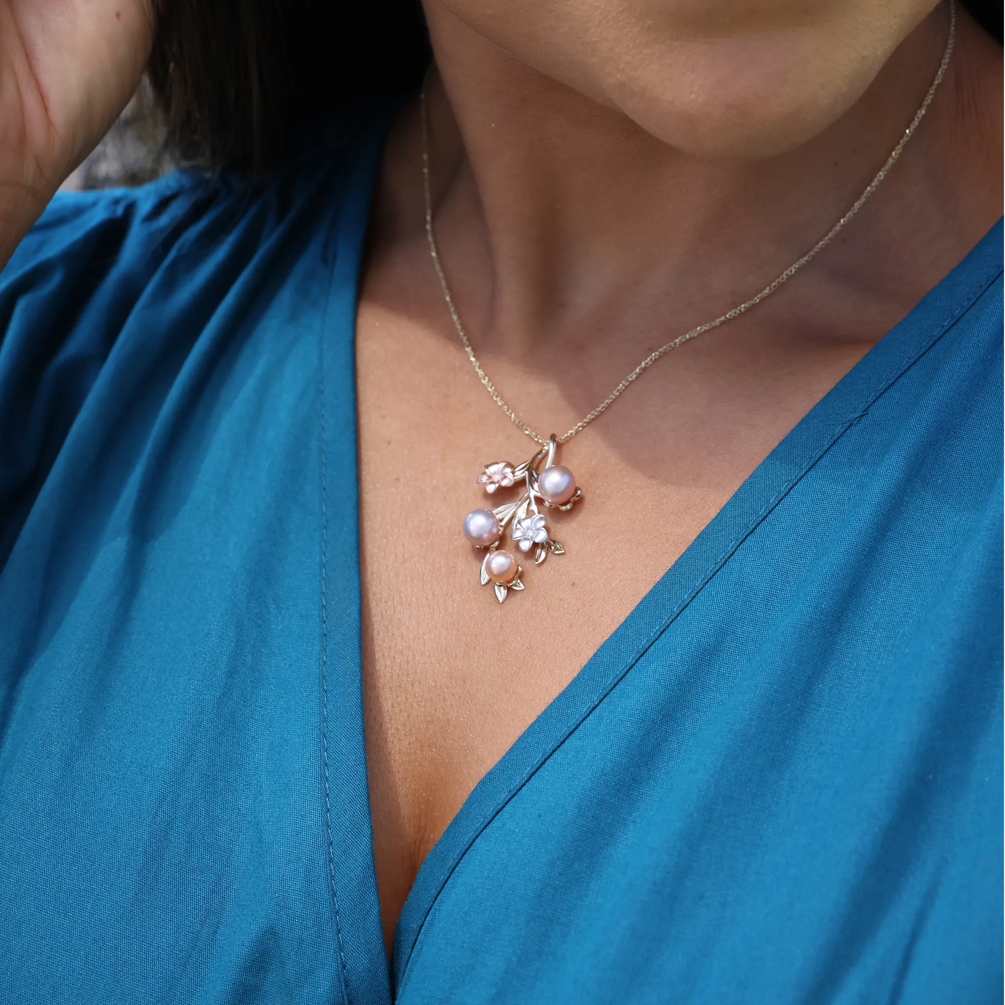 Pearls in Bloom Plumeria Lavender Freshwater Pearl Pendant in Tri Color Gold with Diamonds - 36mm