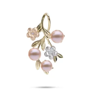 Pearls in Bloom Plumeria Lavender Freshwater Pearl Pendant in Tri Color Gold with Diamonds - 36mm