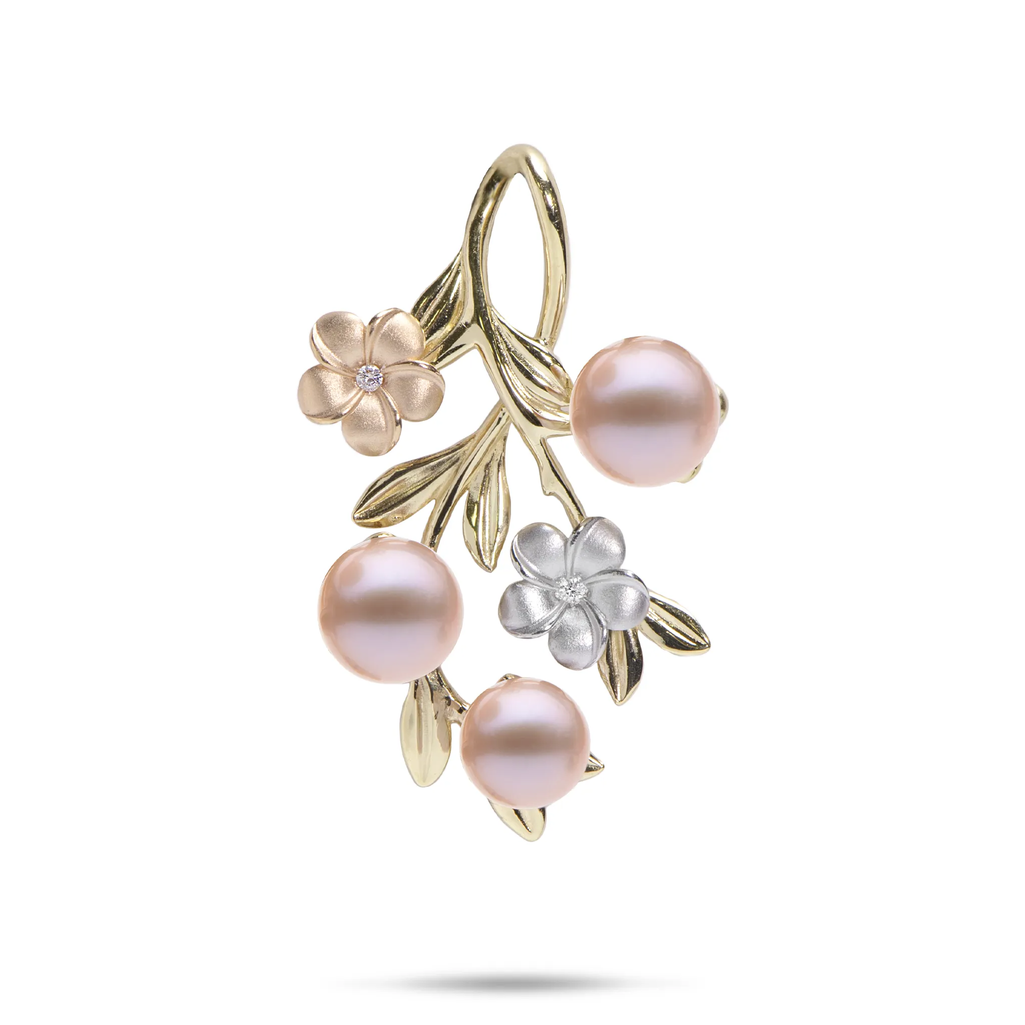 Pearls in Bloom Plumeria Lavender Freshwater Pearl Pendant in Tri Color Gold with Diamonds - 36mm