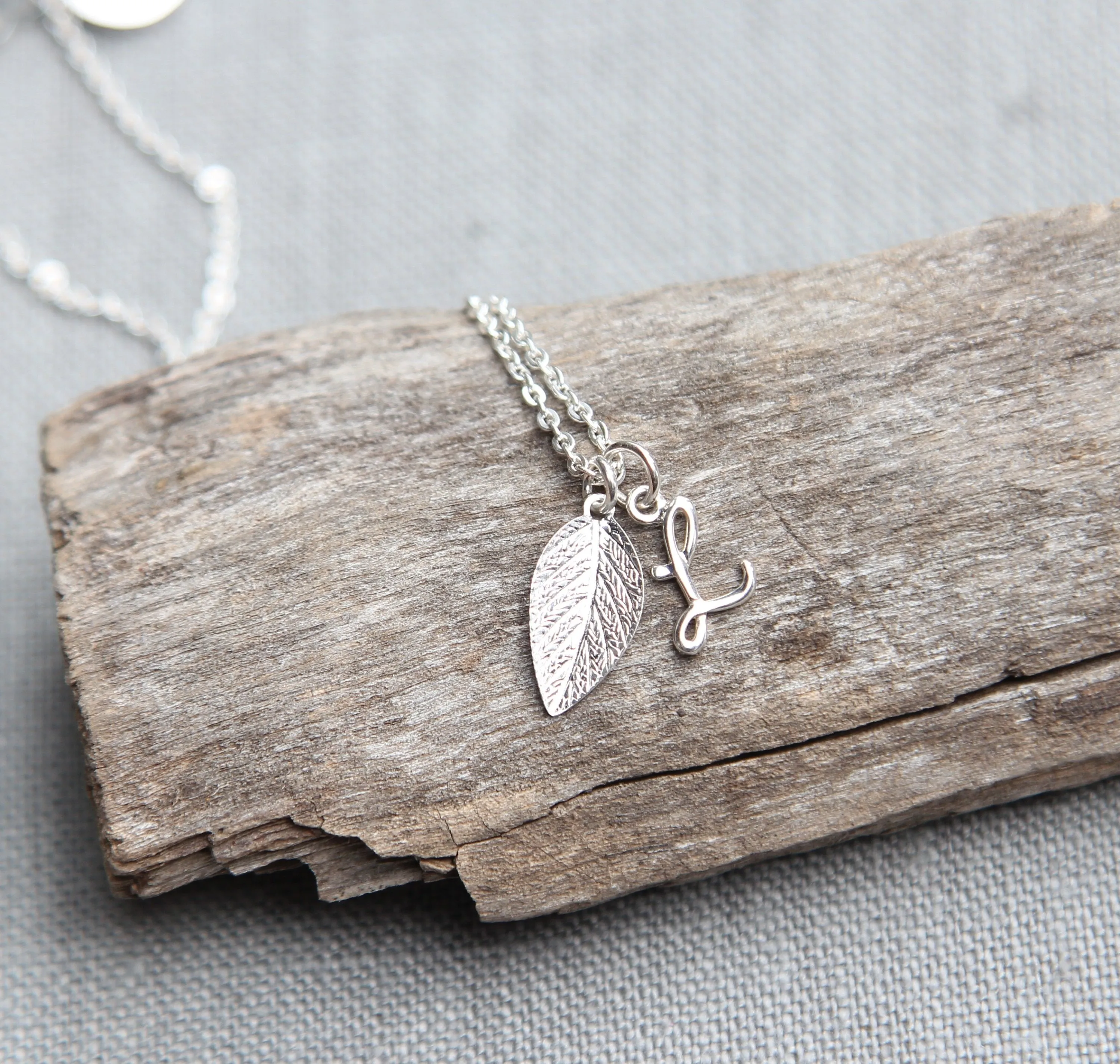 Personalized Initial Necklace with Leaf, Nature Inspired Bridesmaid Jewelry