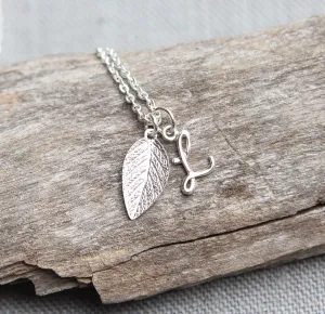Personalized Initial Necklace with Leaf, Nature Inspired Bridesmaid Jewelry