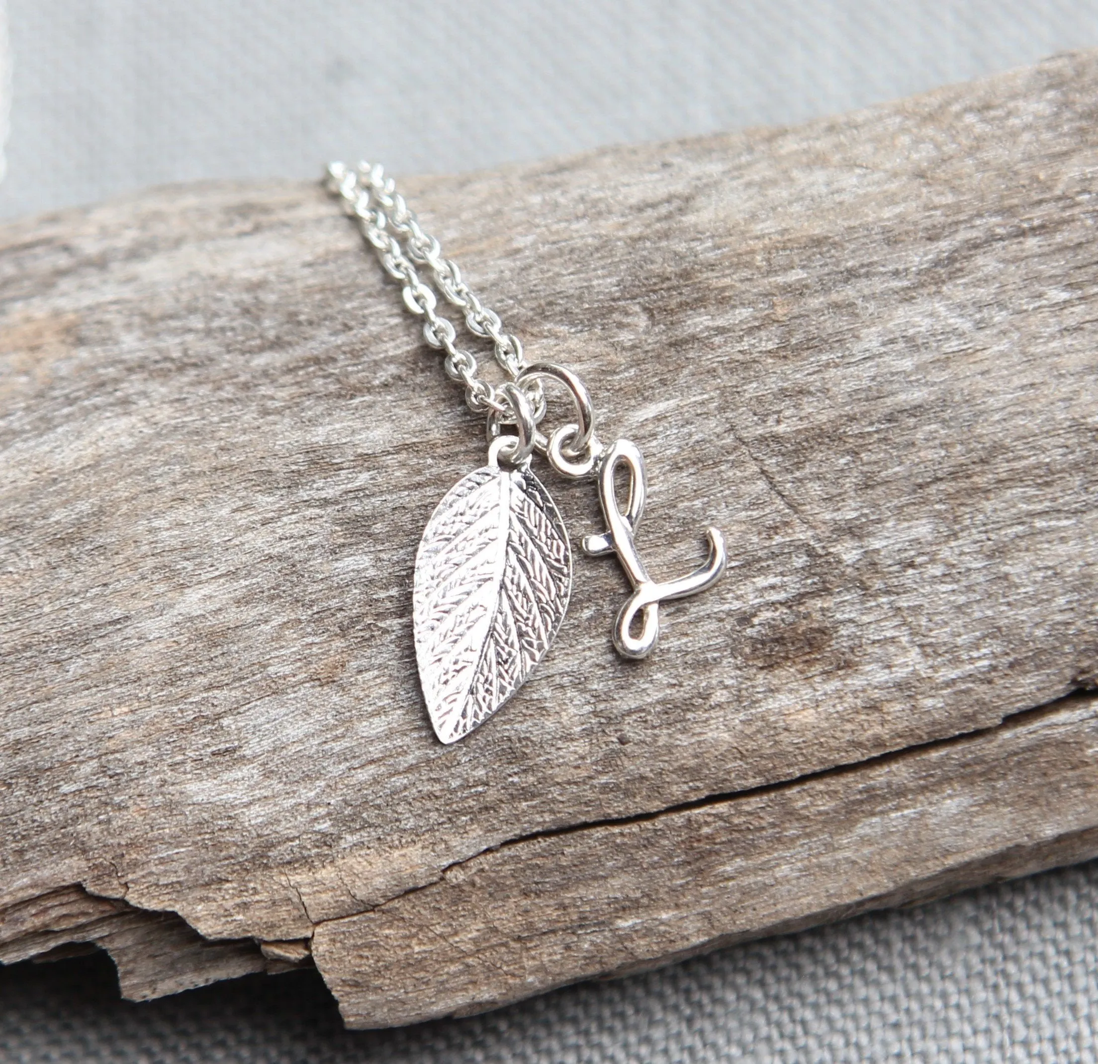 Personalized Initial Necklace with Leaf, Nature Inspired Bridesmaid Jewelry