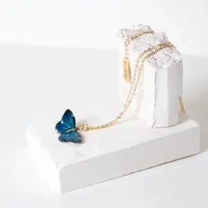 Peter   June - Necklace - Hand-Painted Porcelain Pendant (Sky Blue Butterfly)