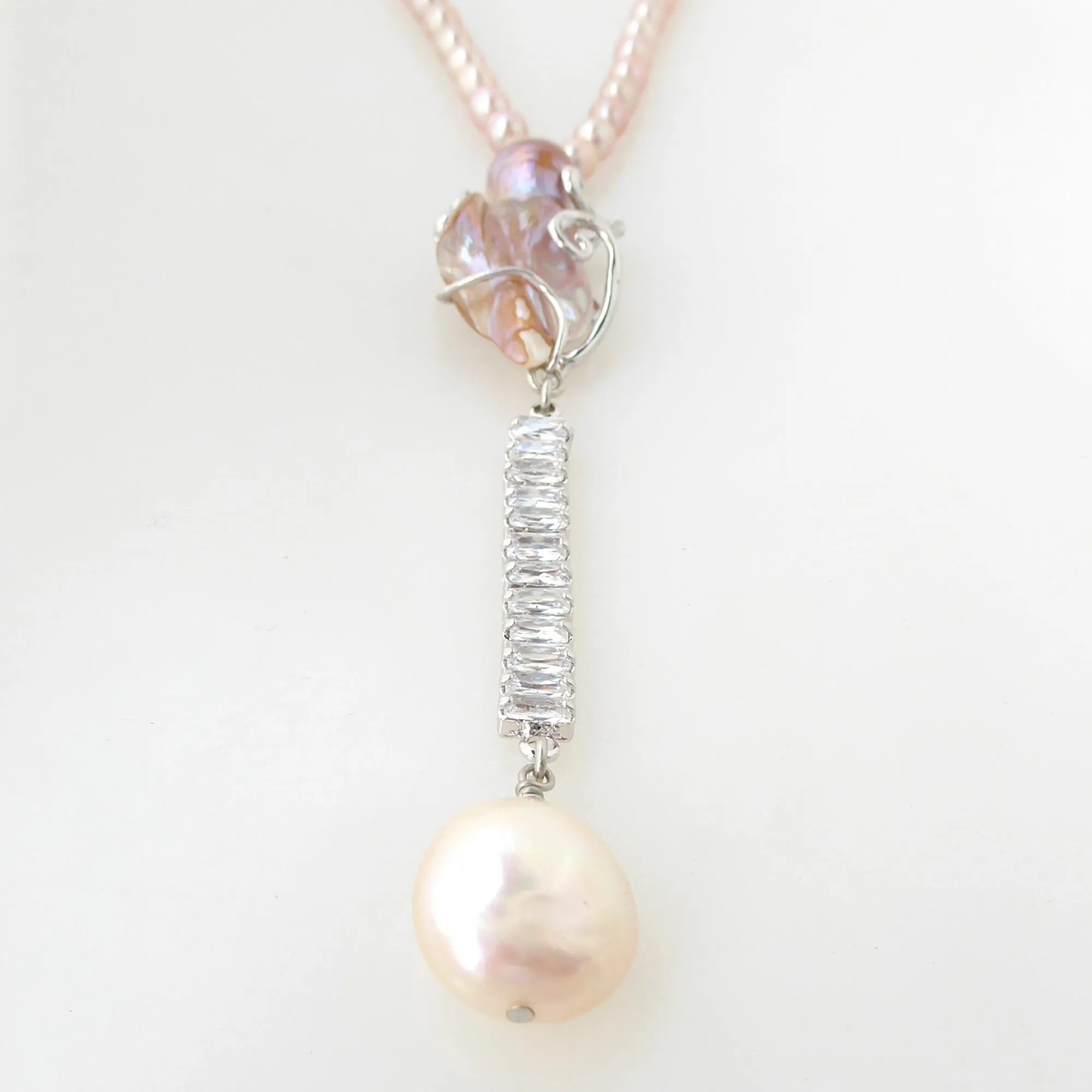 Pink baroque pearl drop necklace