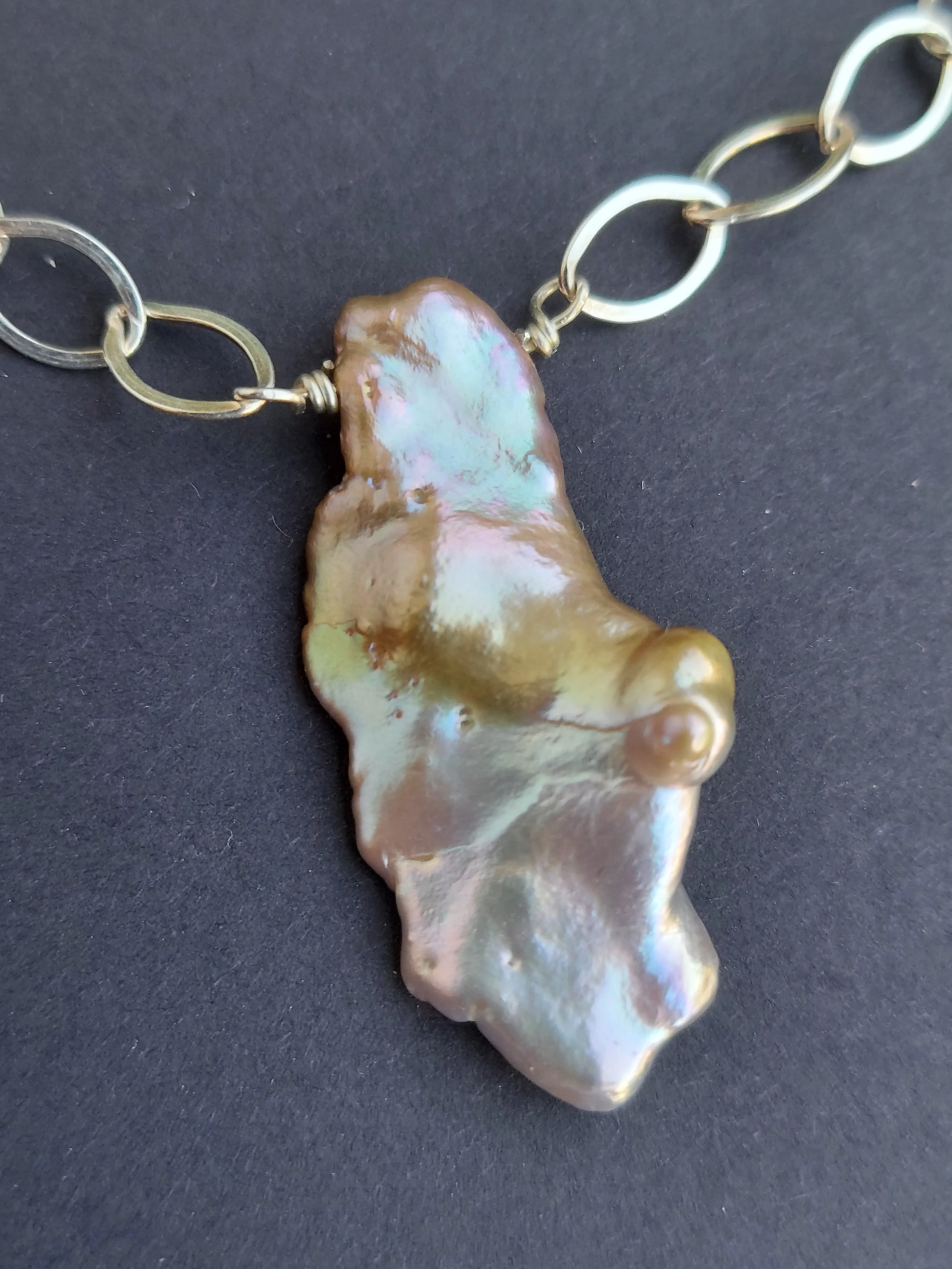 Pink Large Baroque Iridescent Pearl Pendant choker on a silver chain. Wedding Pearl Necklace. Summer Pearls