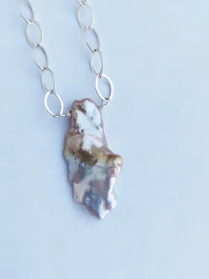 Pink Large Baroque Iridescent Pearl Pendant choker on a silver chain. Wedding Pearl Necklace. Summer Pearls