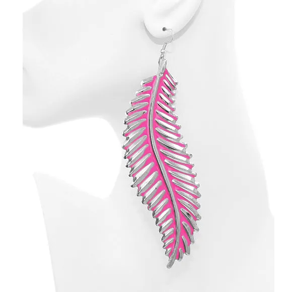 Pink Long Curvy Leaf Earrings