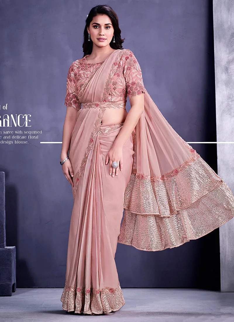 Pink Sequence And Zari Embroidery Wedding Saree