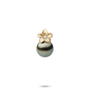 Plumeria Tahitian Black Pearl Pendant in Gold with Diamond - 9mm