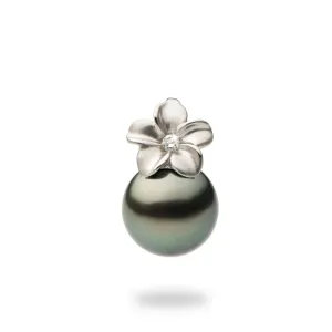 Plumeria Tahitian Black Pearl Pendant in White Gold with Diamond - 9mm
