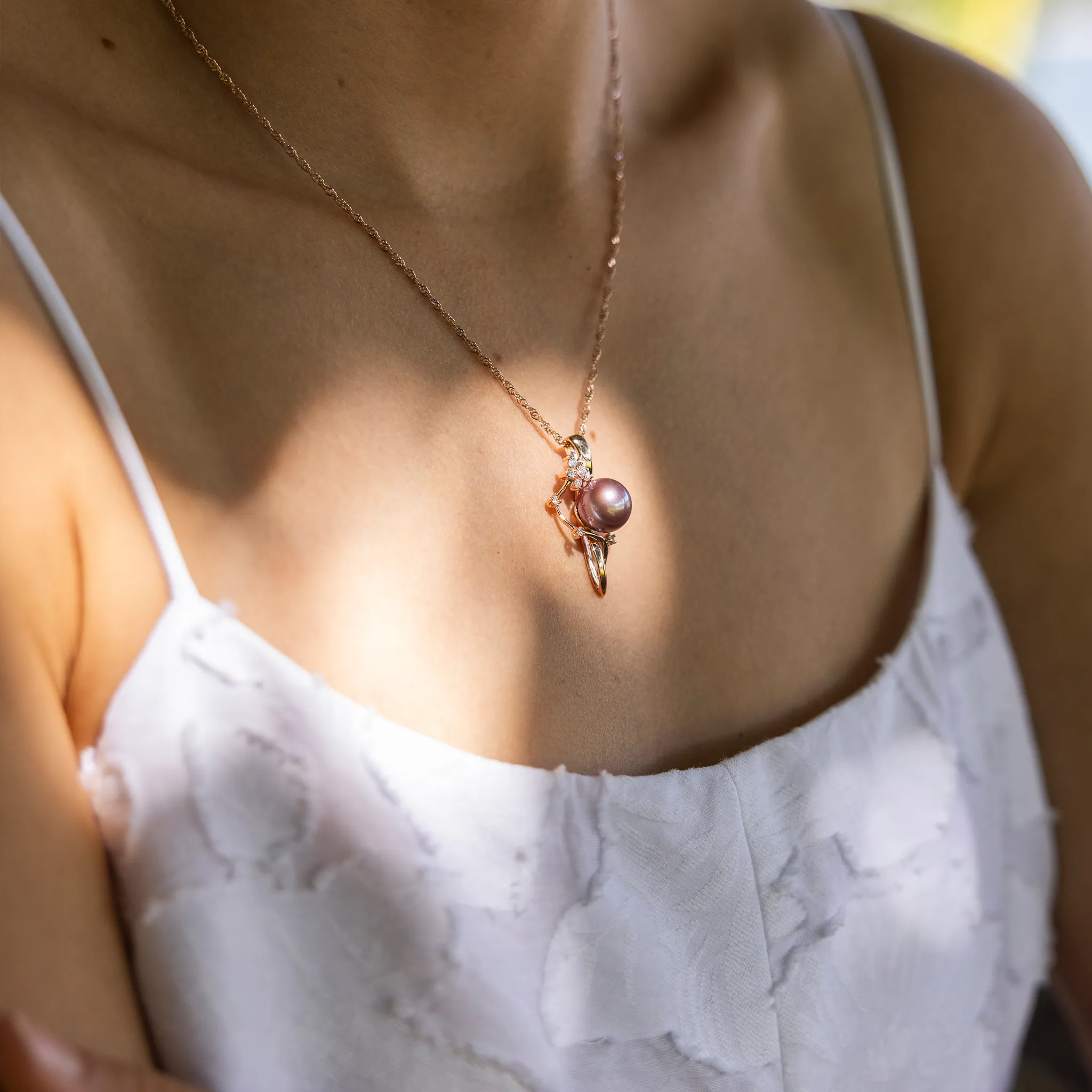 Plumeria Ultraviolet Freshwater Pearl Journey Pendant in Rose Gold with Diamonds - 10-11mm
