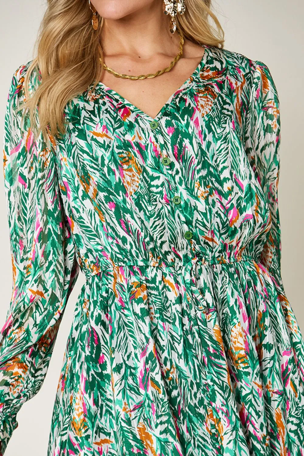 PREORDER Printed Drawstring Waist Long Sleeve Dress 2 Colors
