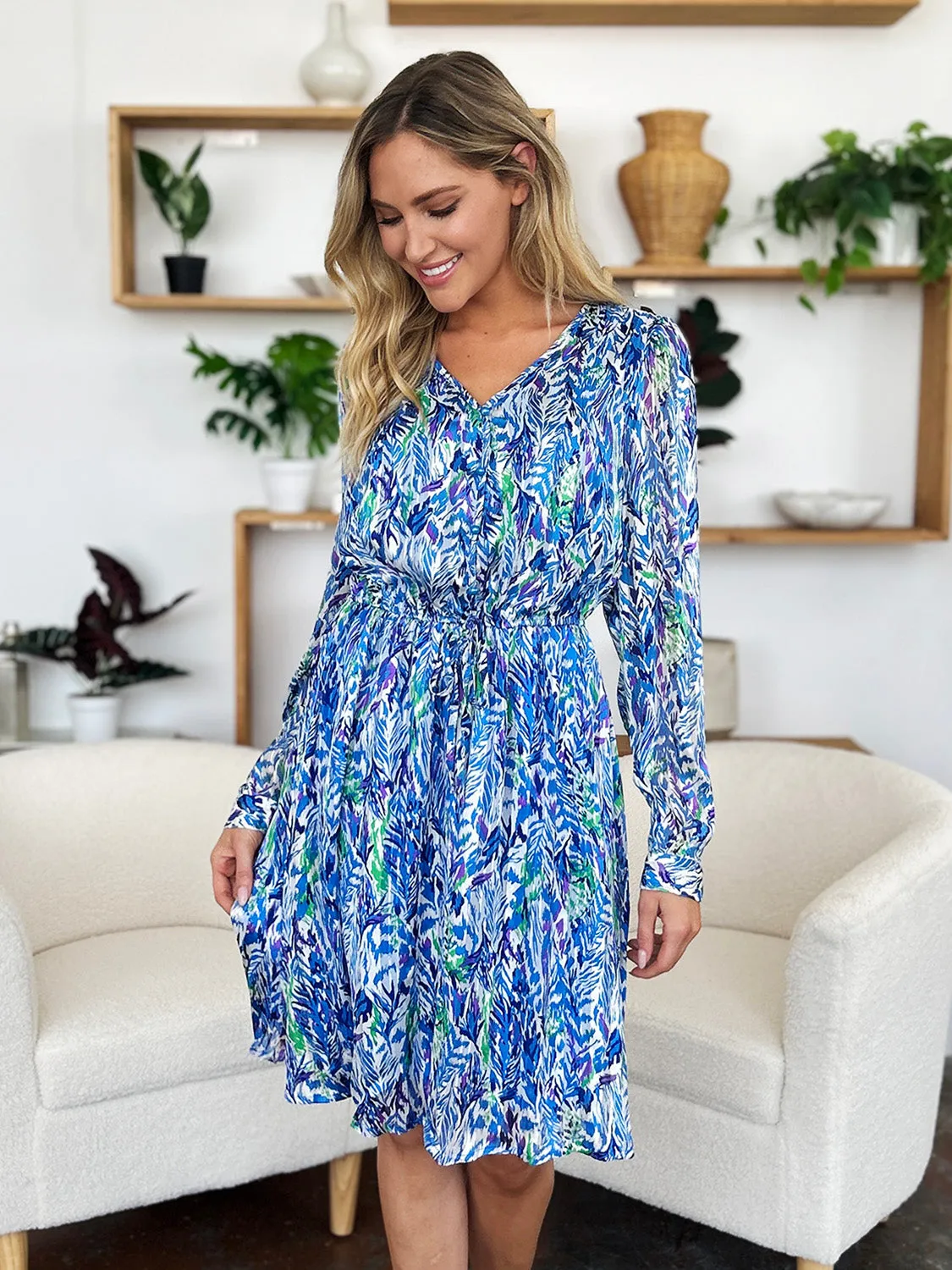 PREORDER Printed Drawstring Waist Long Sleeve Dress 2 Colors