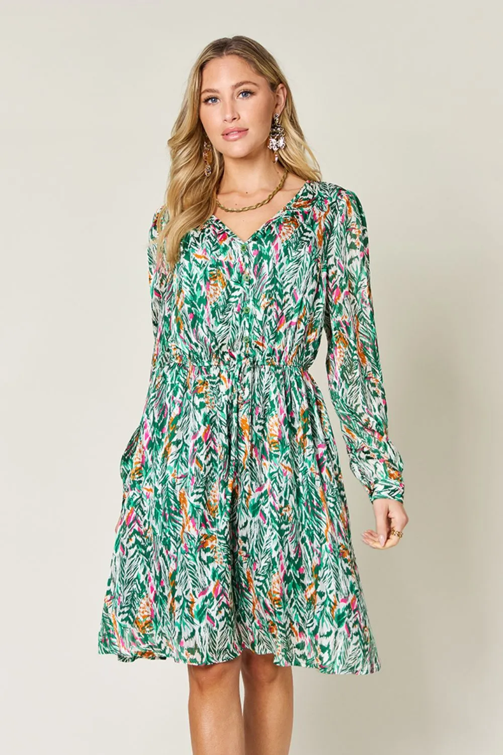 PREORDER Printed Drawstring Waist Long Sleeve Dress 2 Colors