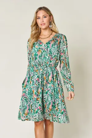PREORDER Printed Drawstring Waist Long Sleeve Dress 2 Colors