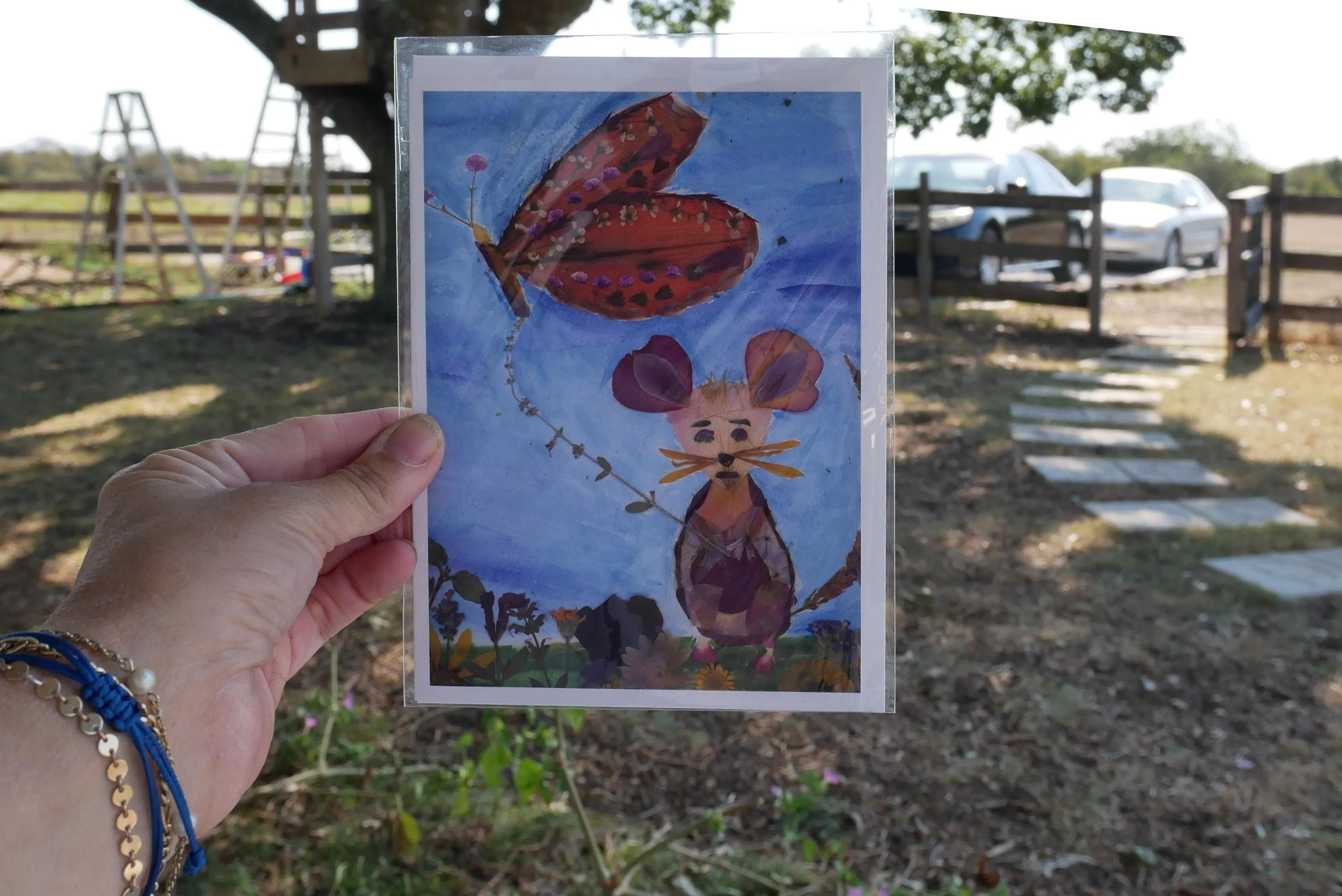 Pressed Flower Mouse  card –print of botanical Mouse with Butterfly Kite blank greeting card