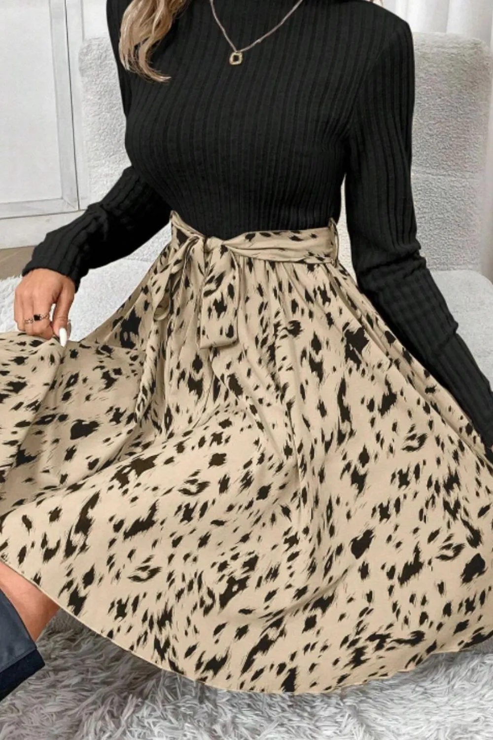 Printed Tie Waist Mock Neck Long Sleeve Dress