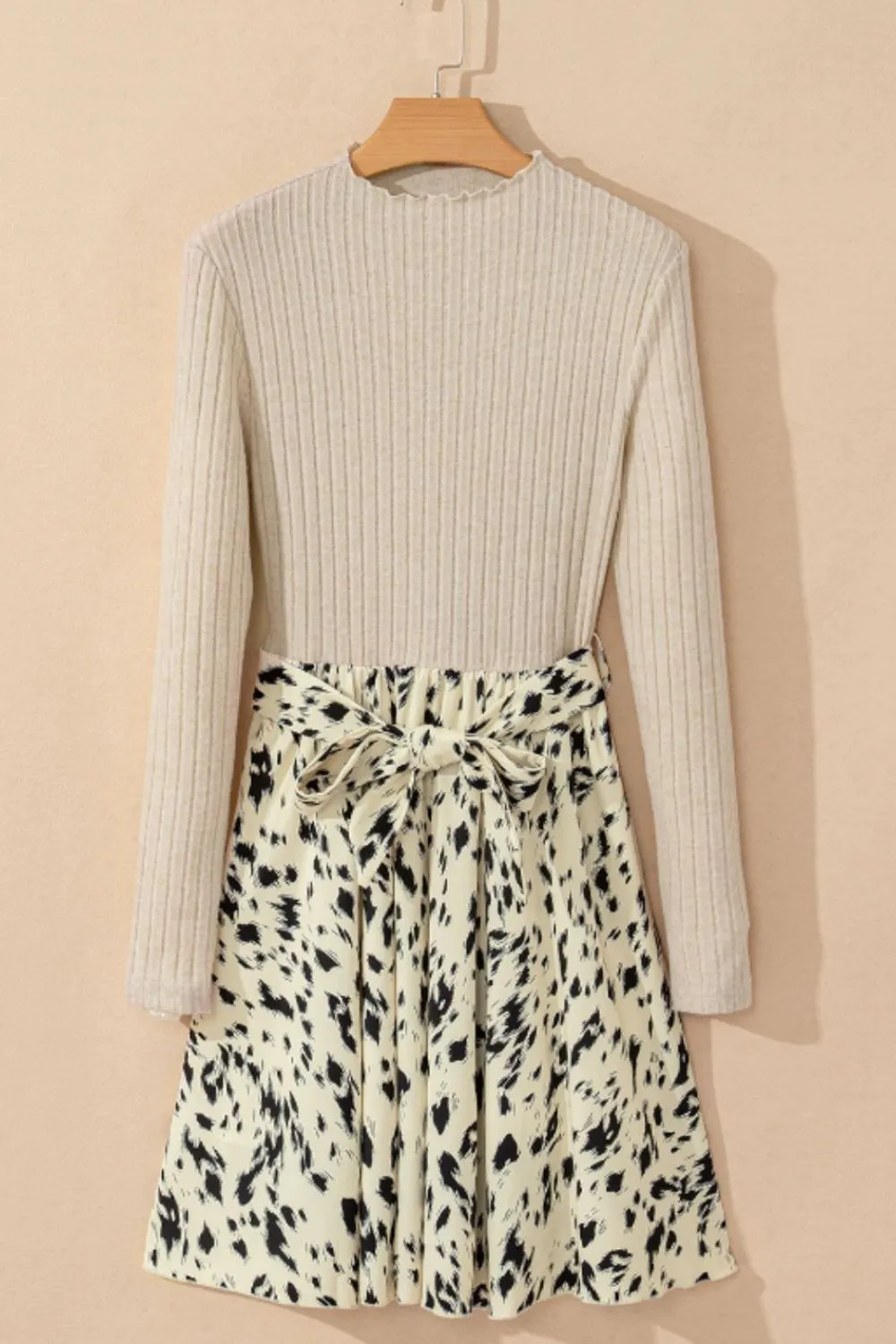 Printed Tie Waist Mock Neck Long Sleeve Dress