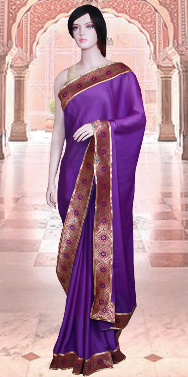 Purple Viscose Silk Sari with Banarasi Border