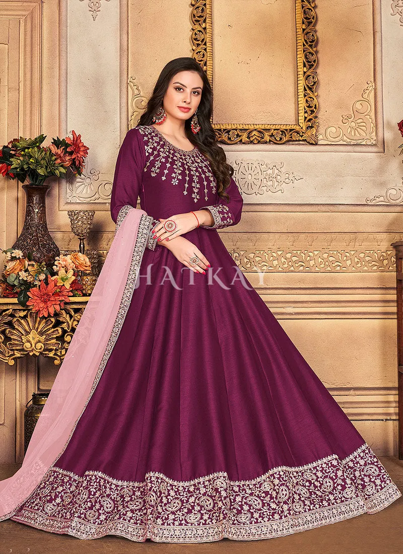 Purple Zari Embroidered Festive Silk Anarkali Suit