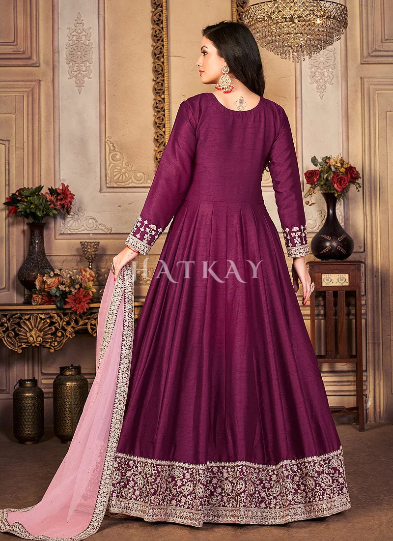 Purple Zari Embroidered Festive Silk Anarkali Suit
