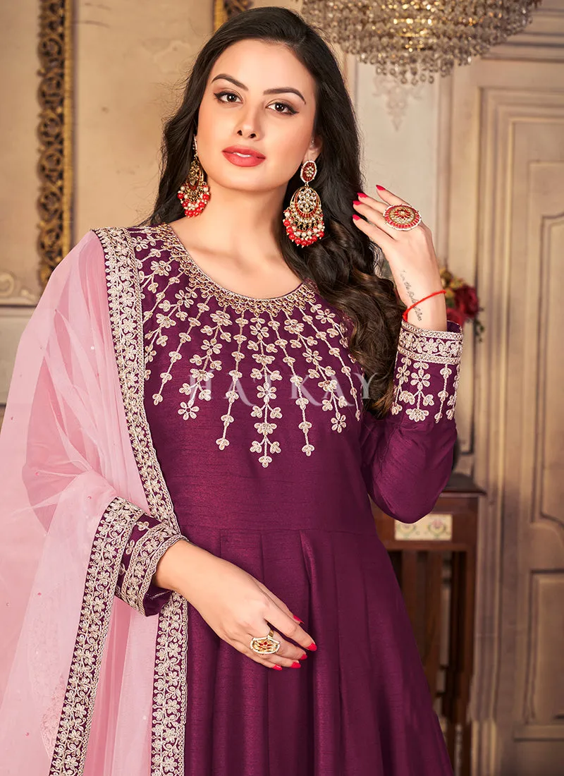 Purple Zari Embroidered Festive Silk Anarkali Suit