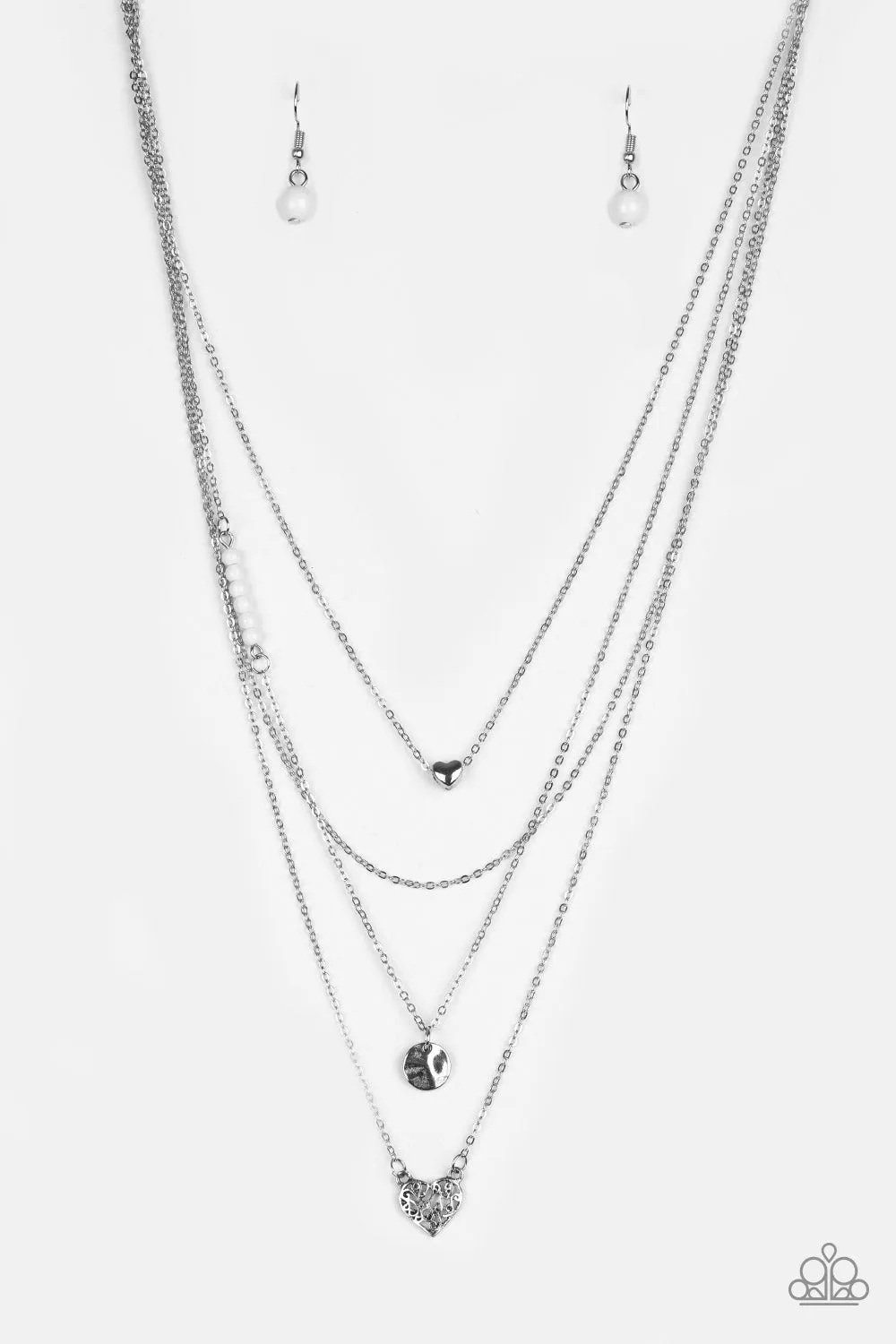 " Gypsy Heart " Silver Metal Heart & White Bead Layered Necklace Set