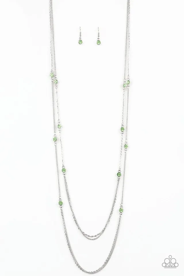 " Sparkle of the Day" Silver Metal Green Rhinestone Multi Chain Necklace Set
