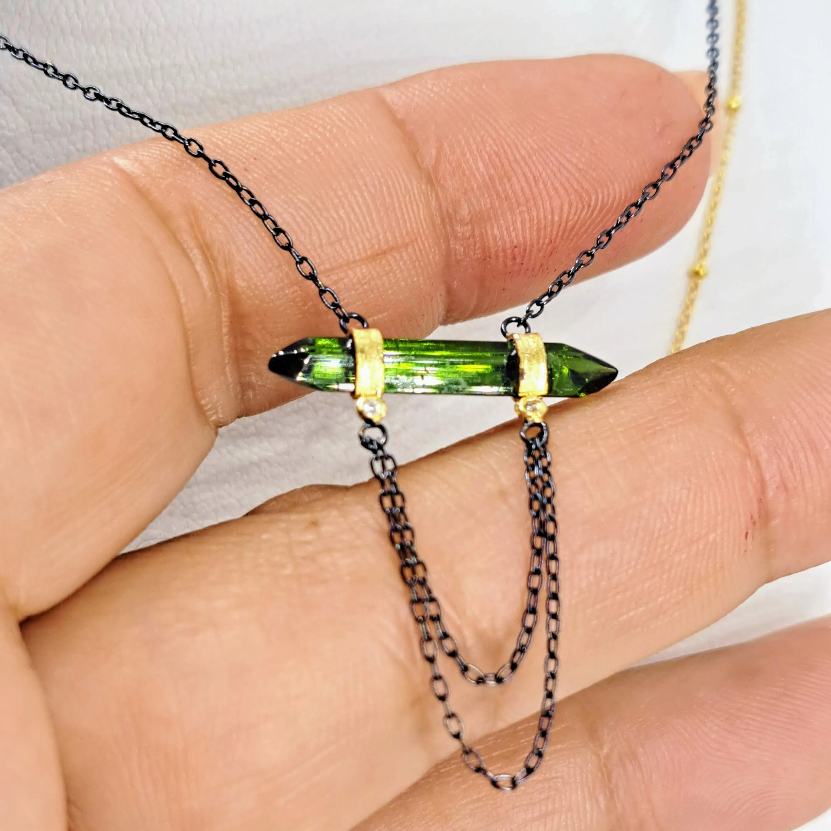 "Chain Reaction" 15" - 19" Necklace - Tourmaline, Diamond, Black & Gold Sterling