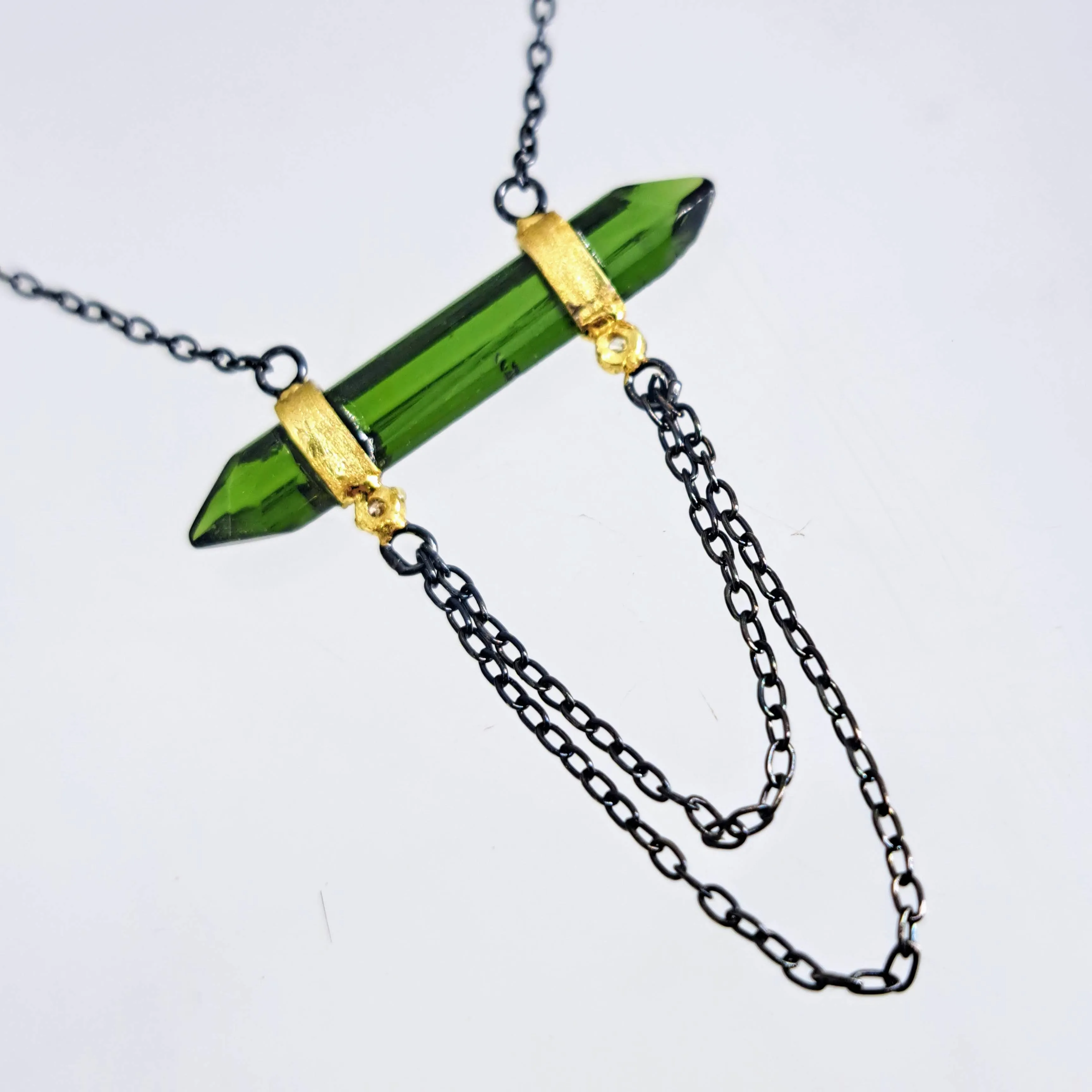 "Chain Reaction" 15" - 19" Necklace - Tourmaline, Diamond, Black & Gold Sterling
