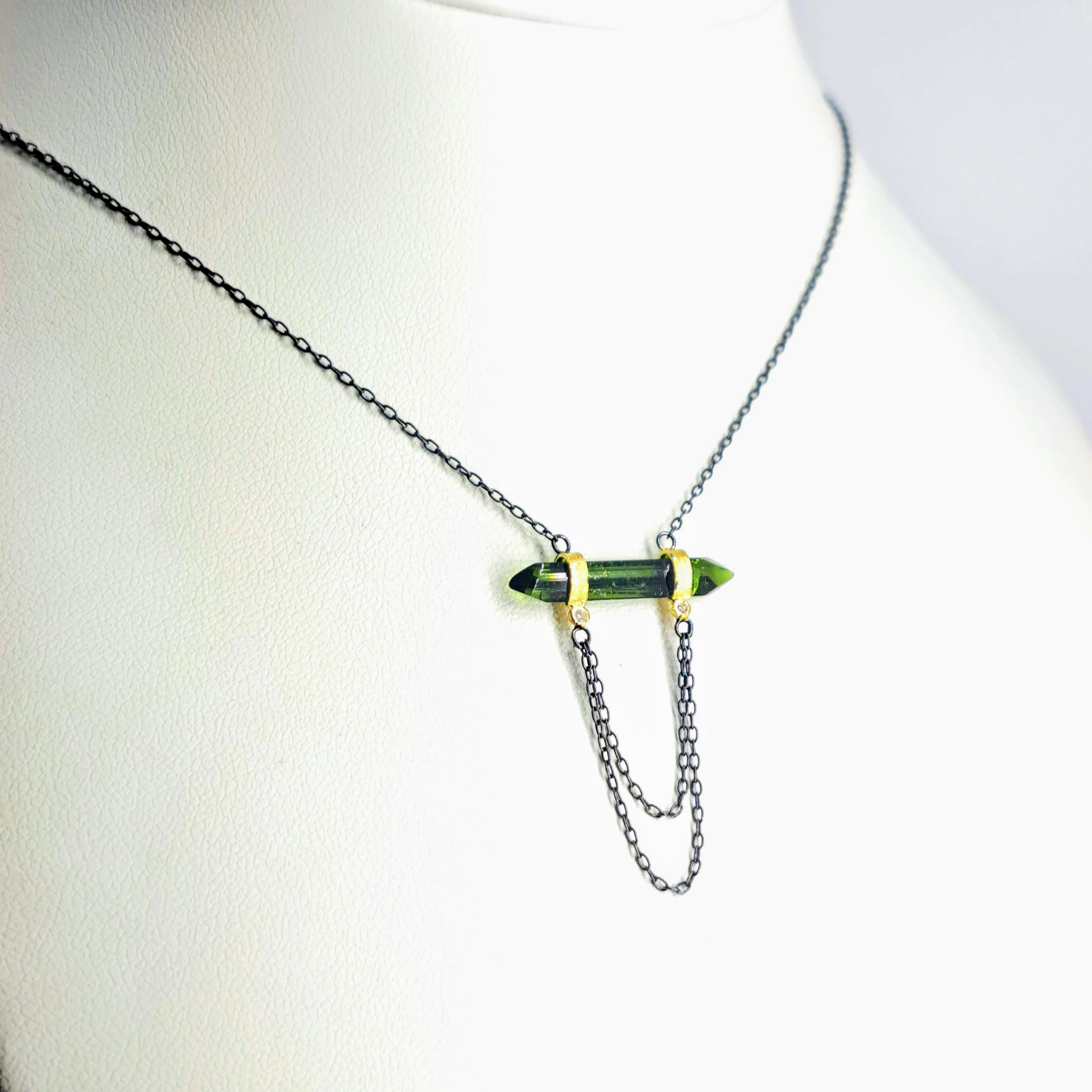 "Chain Reaction" 15" - 19" Necklace - Tourmaline, Diamond, Black & Gold Sterling
