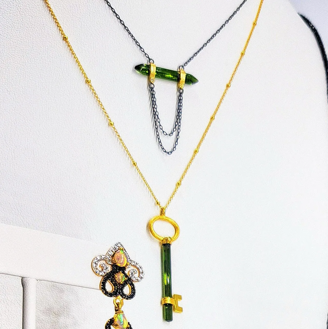 "Chain Reaction" 15" - 19" Necklace - Tourmaline, Diamond, Black & Gold Sterling