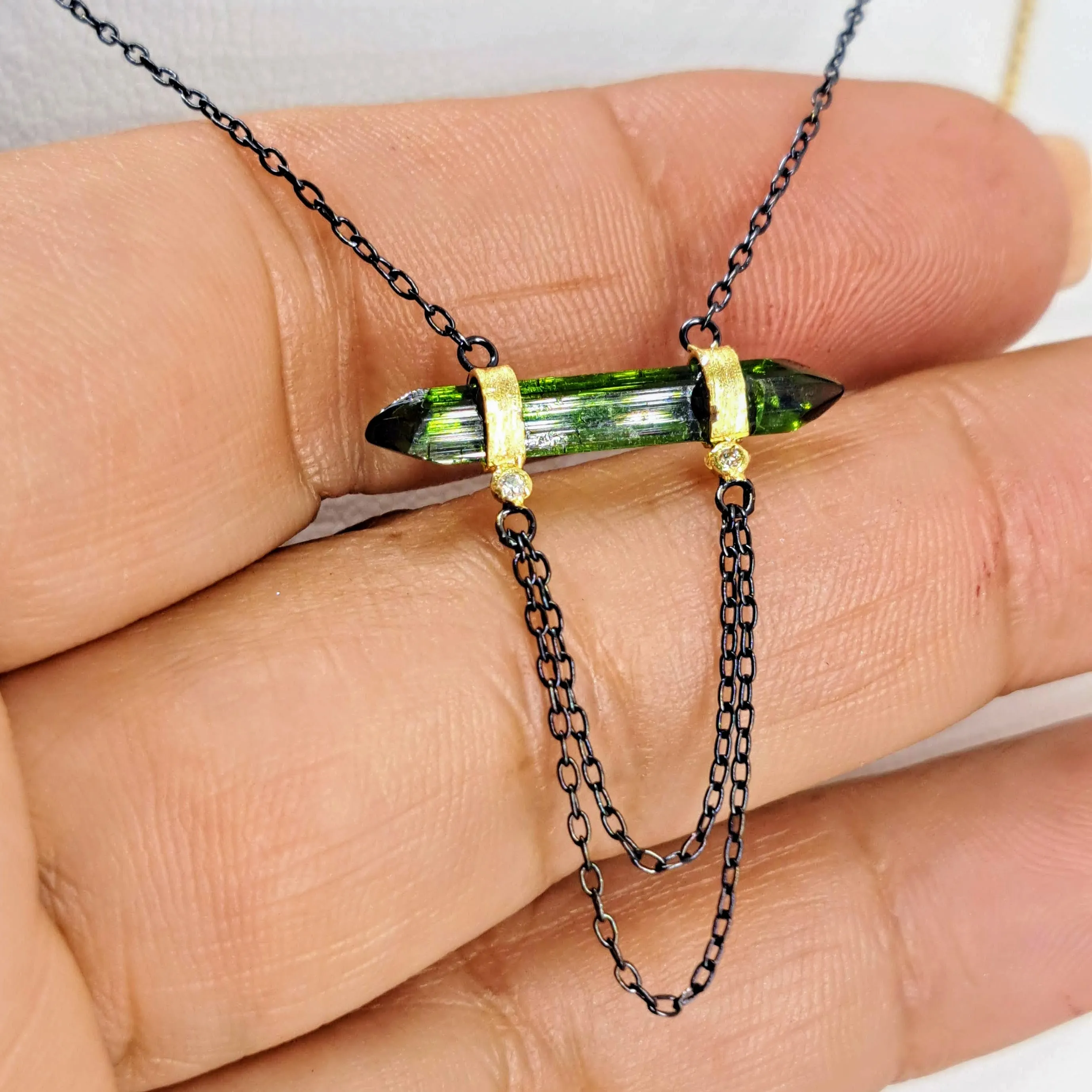 "Chain Reaction" 15" - 19" Necklace - Tourmaline, Diamond, Black & Gold Sterling