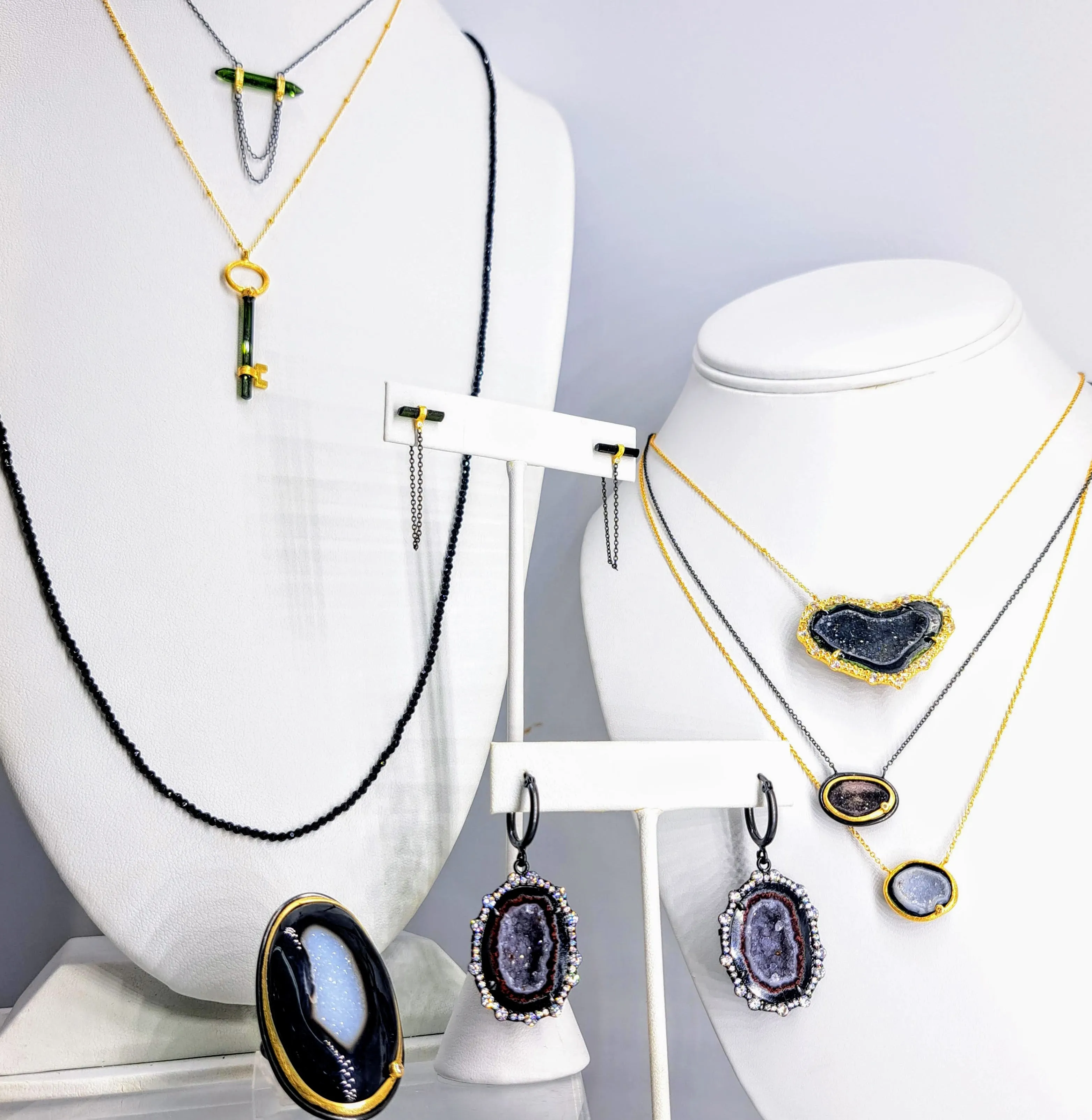 "Chain Reaction" 15" - 19" Necklace - Tourmaline, Diamond, Black & Gold Sterling