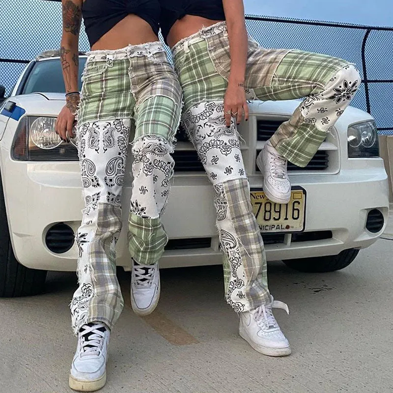 "GREEN RETRO PRINT FRAYED STITCHING" PANTS N022602