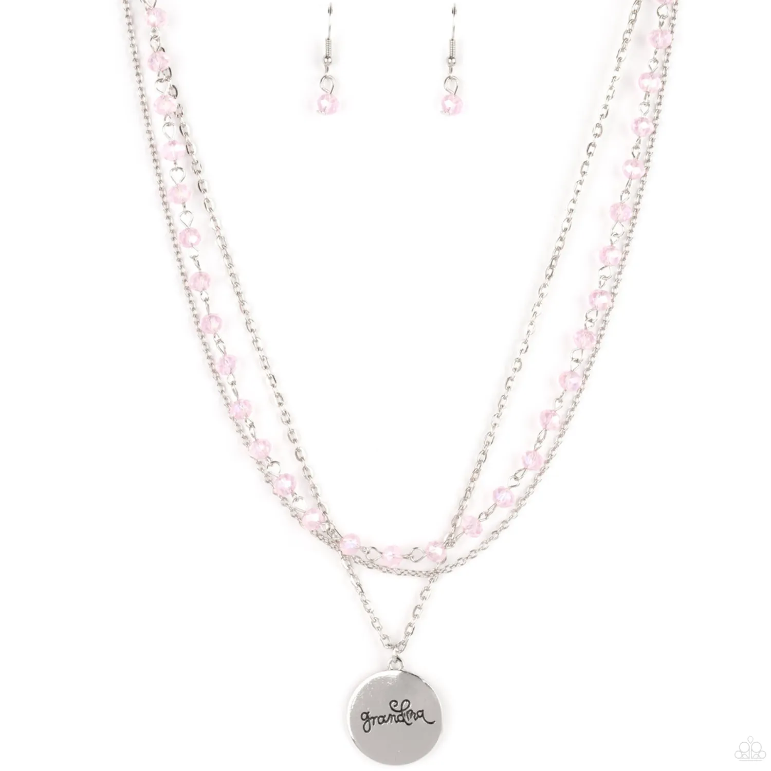 "Promoted to Grandma" Silver Metal Multi Chain Pink Crystal GRANDMA Necklace Set